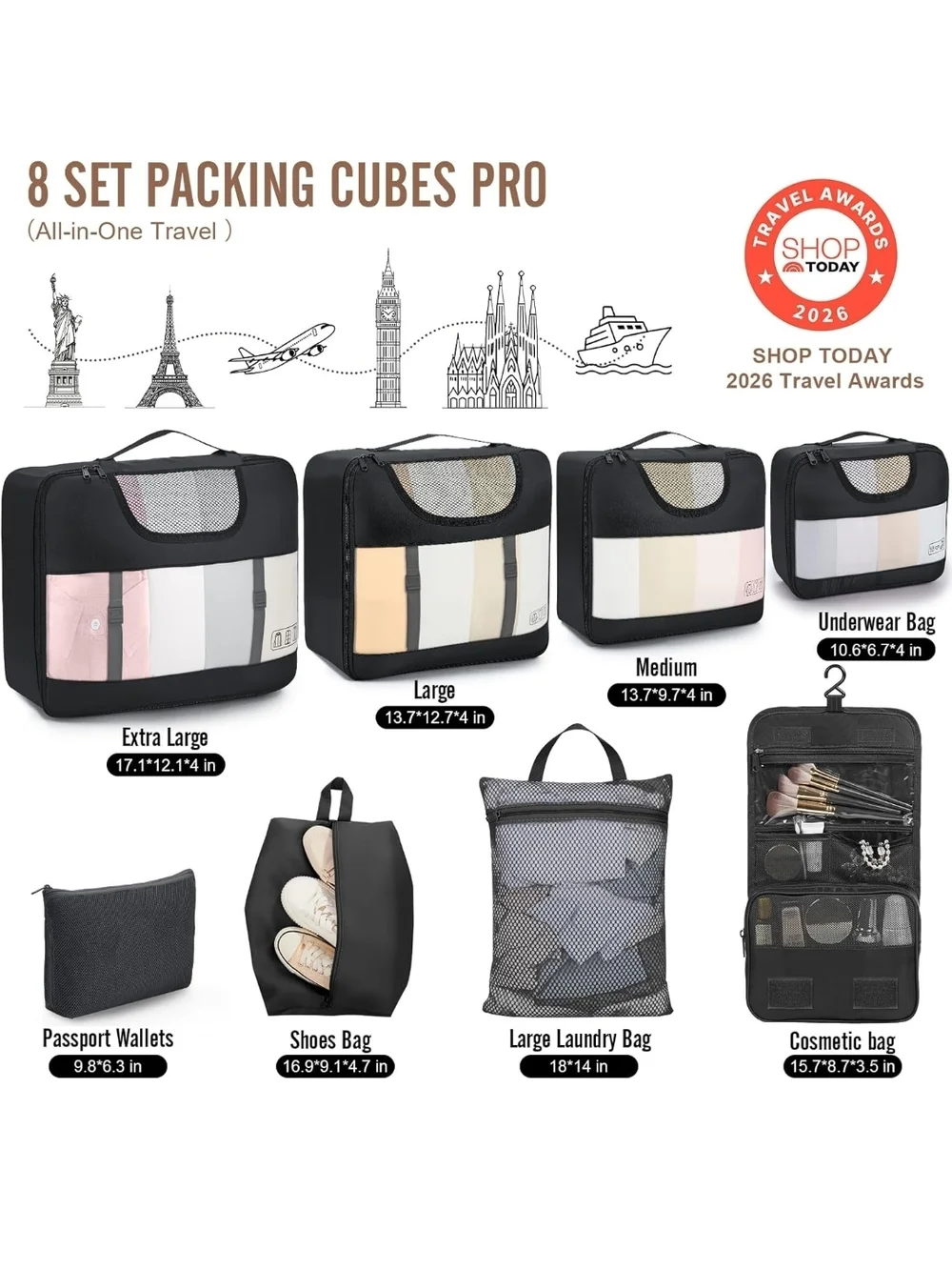 Travel Packing Cubes and Toiletry Bag Set - Black